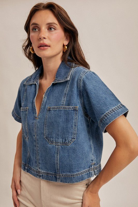 A Moment in Time Denim Top - The Dragonfly Boutique