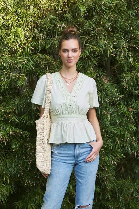 Honeydew Eyelet Blouse - The Dragonfly Boutique