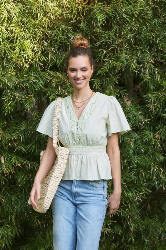 Honeydew Eyelet Blouse - The Dragonfly Boutique