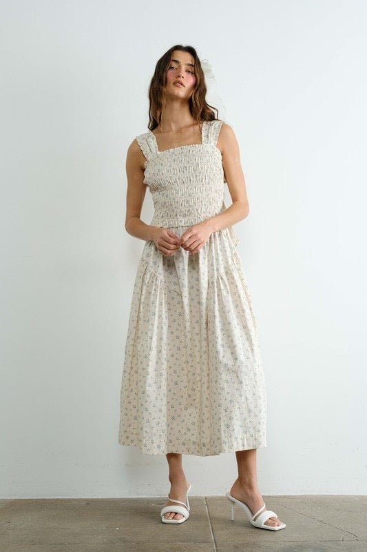 Margot Retro Bow Tie Back Smocked Midi Dress M