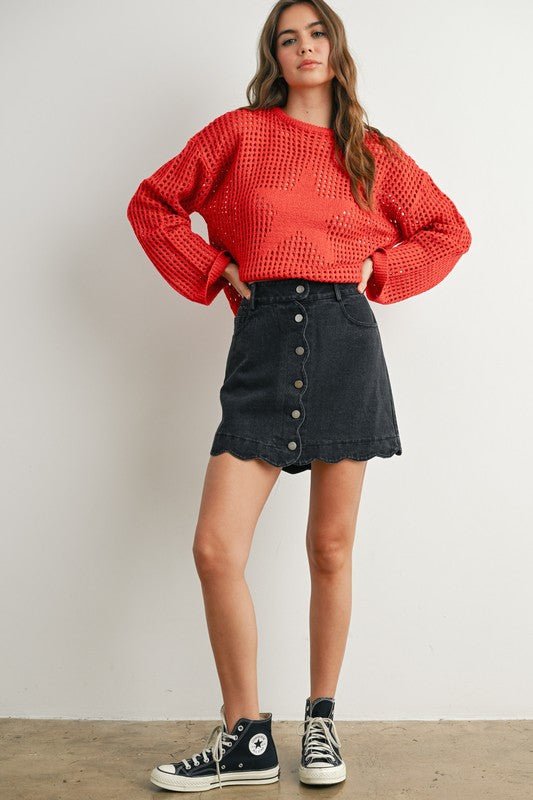 Field of Flowers Scallop Denim Skirt - The Dragonfly Boutique