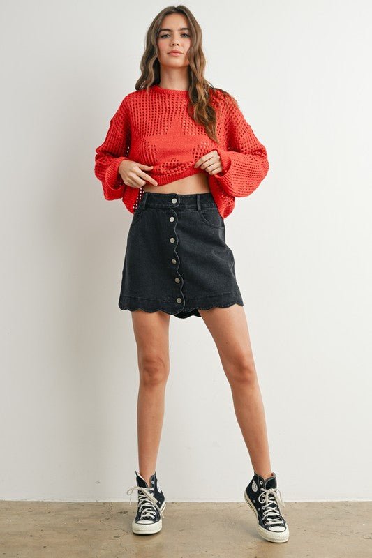Field of Flowers Scallop Denim Skirt - The Dragonfly Boutique
